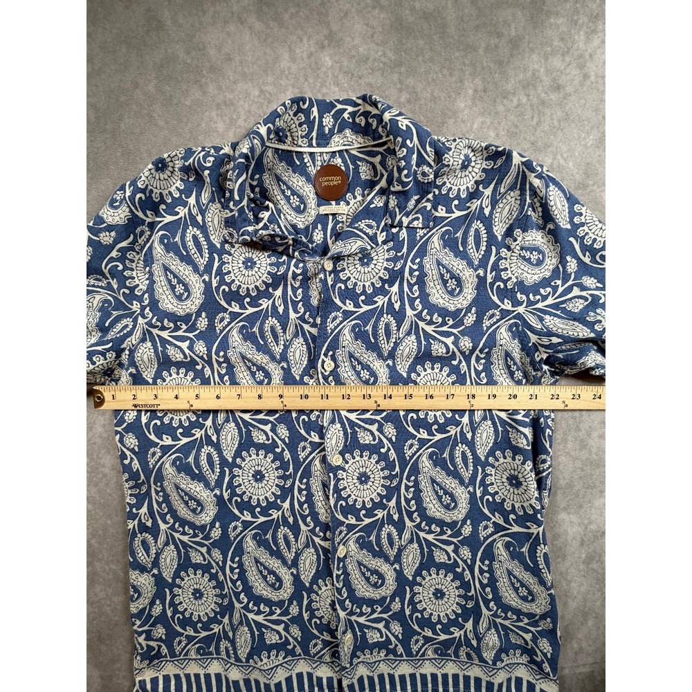 Common People Mens XL Cabra Shirt Linen Blend Blue Paisley Camp Collar - Picture 8 of 9